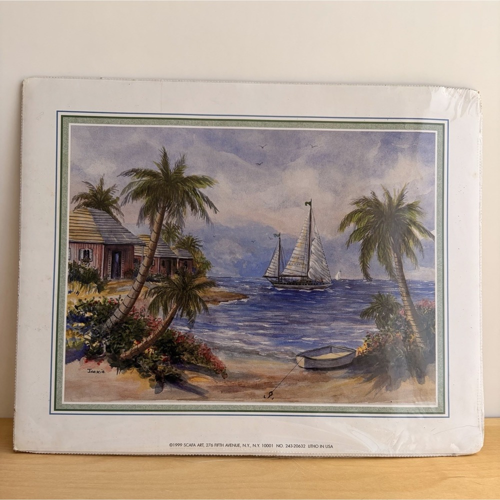 Vintage Coastal Beach Sailboat Lithograph Jackie 1999 Scafa Art 9x8 Palm Trees - Picture 2 of 6
